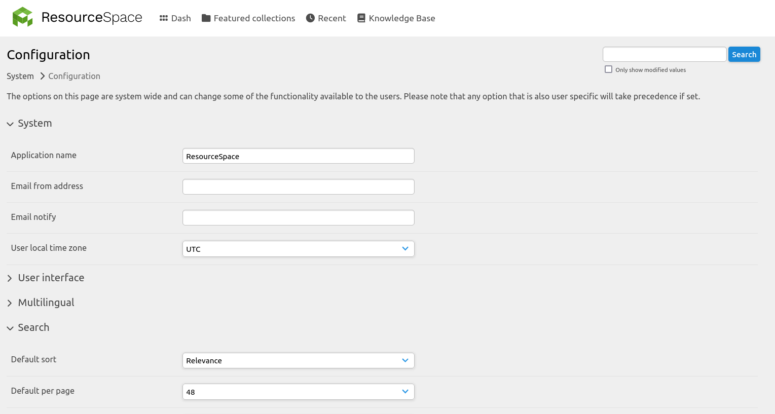 System configuration page