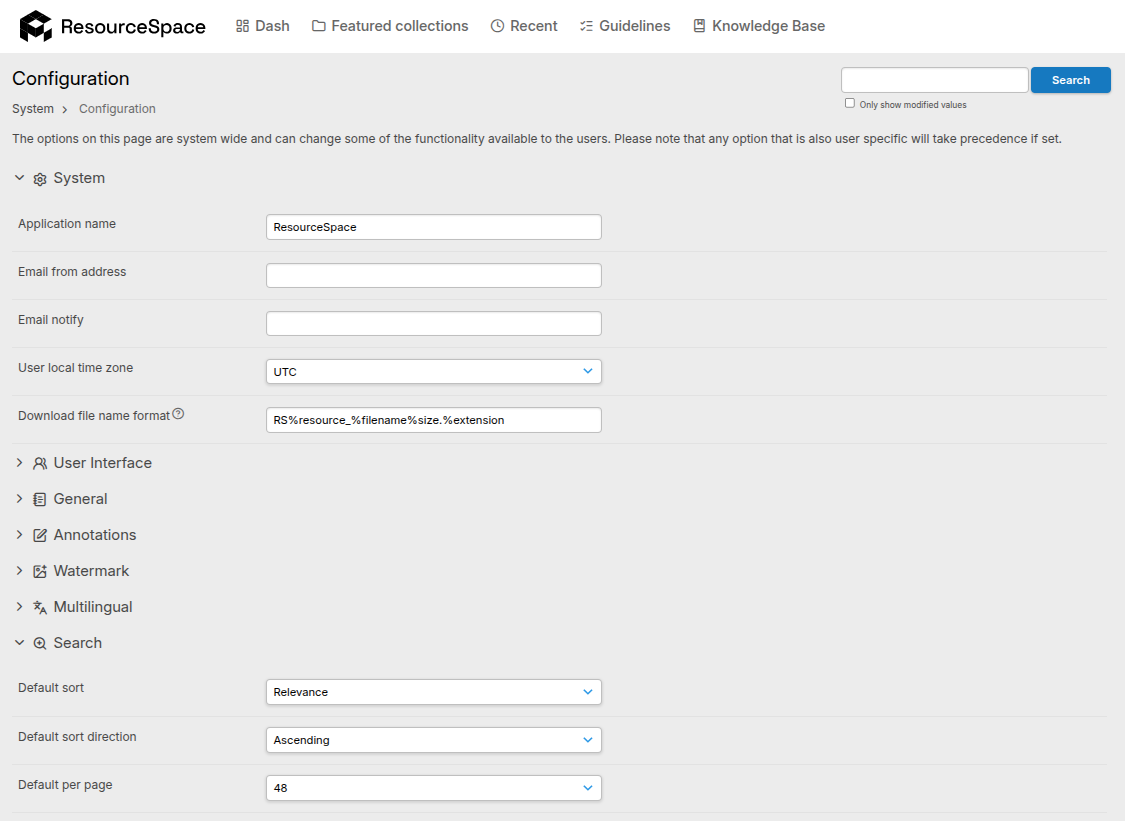 System configuration page