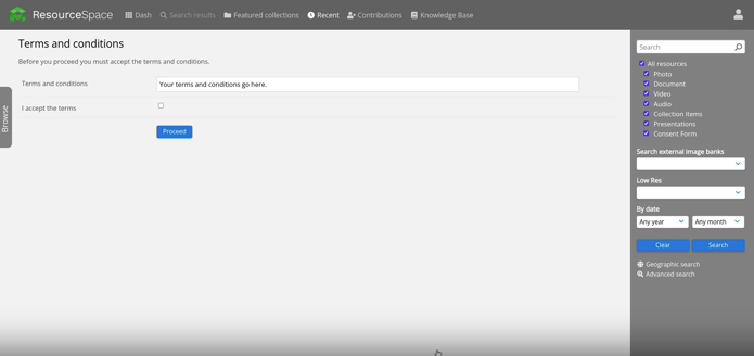 Require acceptance of terms before downloading assets