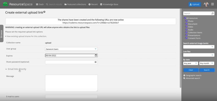 Create upload links to share assets externally